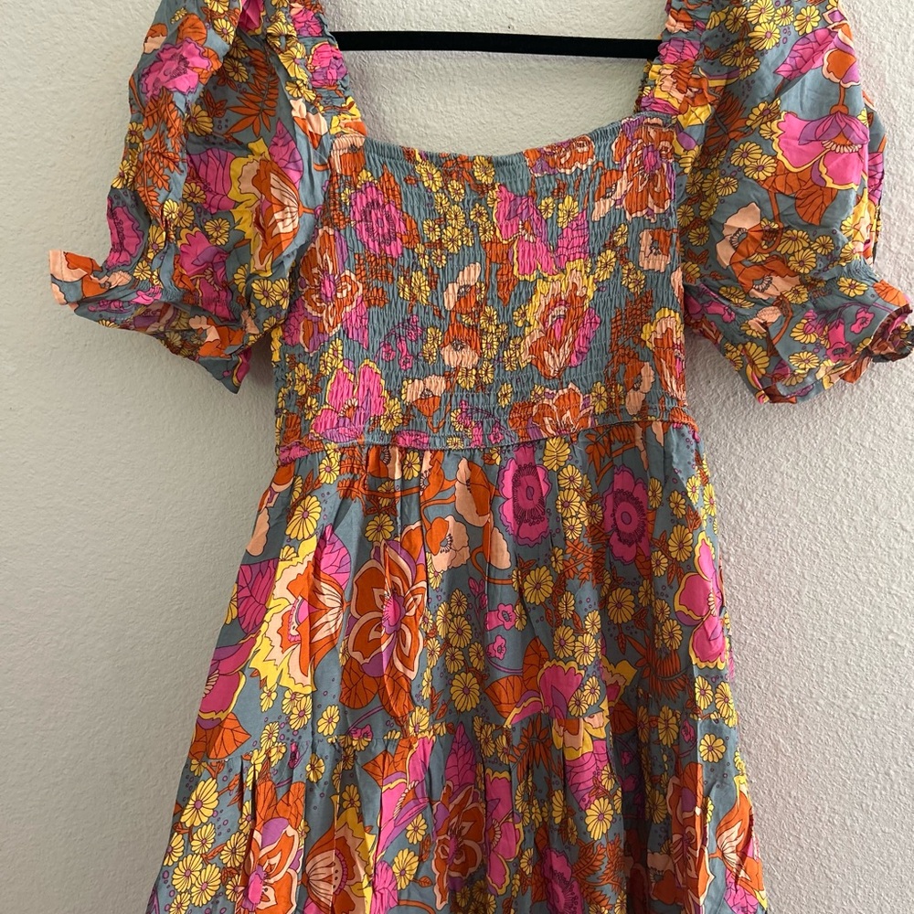 Orange and Pink Puff Sleeve boho Sundress - Picture 2 of 12